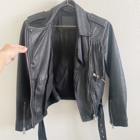 All Saints Tassel Fringe Balfern Leather Motorcycle Moto Jacket Black 0 - Picture 3 of 10